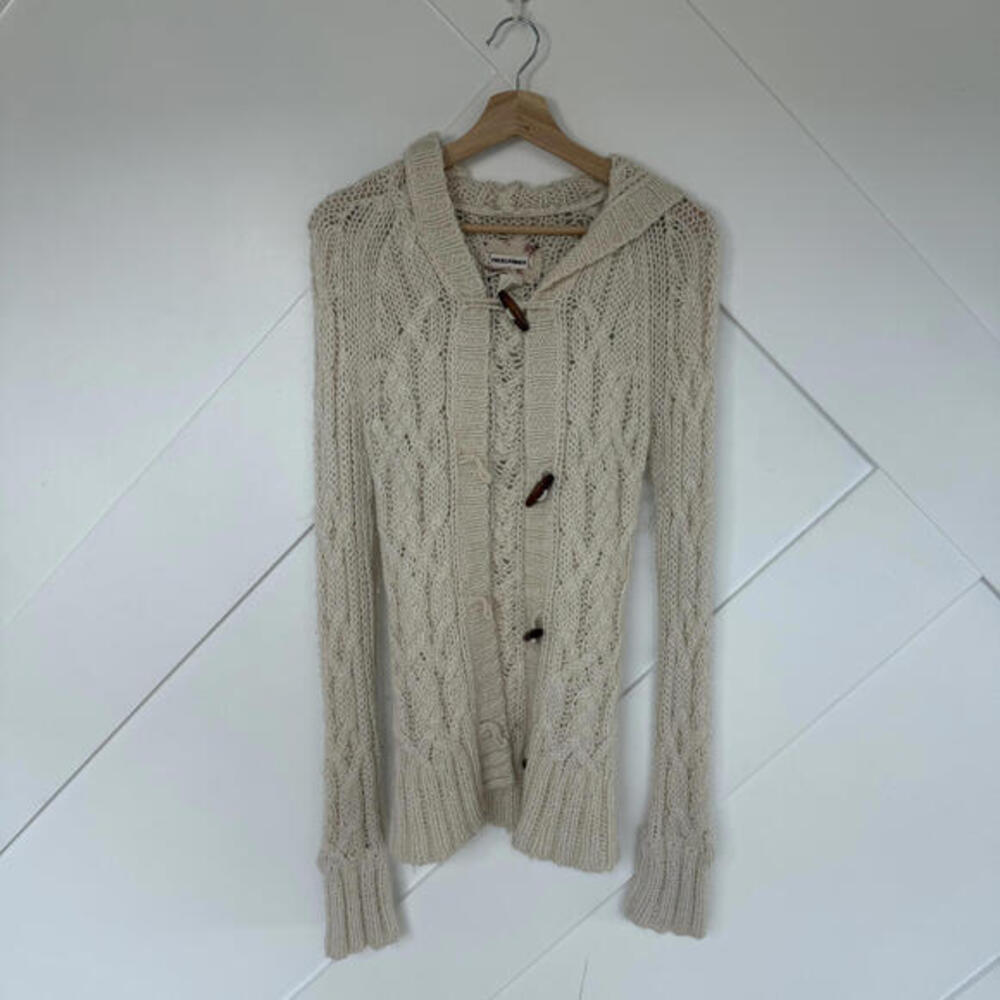 Vintage Abercrombie Y2K Cream Alpaca Blend Cable Knit Hooded Cardigan Medium